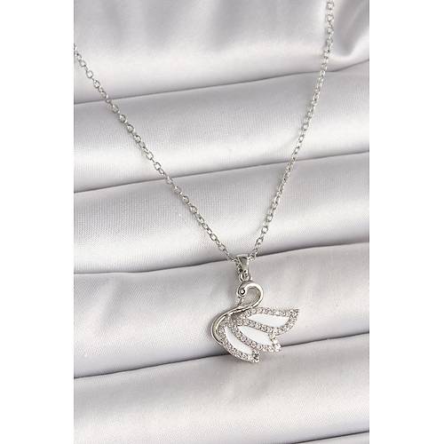 316L �elik G�m�� Renk Zincir Zirkon Ta�l� Ku�u Model Kad�n Kolye