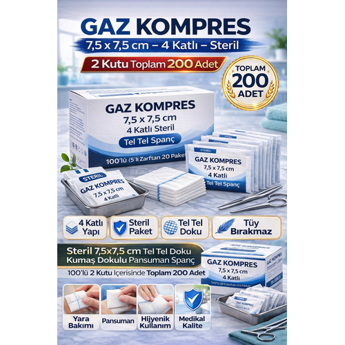 Gaz Kompres 7,5x7,5 cm 4 Katl� Steril 200 Adet Tel Tel Span� Pansuman Bezi (2KUTU)