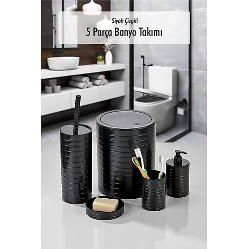5 Par�a Yatay �izgili Siyah Banyo Tak�m�