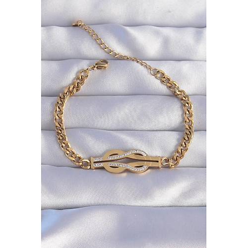 316L �elik Gold Renk Zirkon Ta�l� Kemer Tokas� Model Zincir Bileklik
