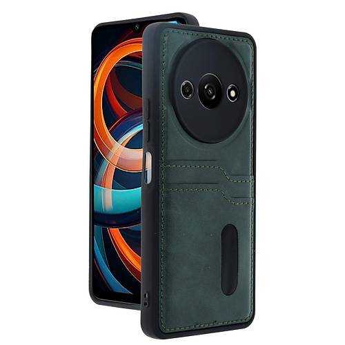 Redmi A3 4G K�l�f Sara Kartvizitli Deri K�l�f - Koyu Ye�il