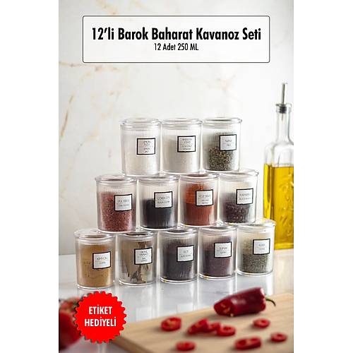 12'li Barok Yuvarlak Baharat Kavanoz Seti & Saklama Kab� & Erzak Kab� (12*250 ML)