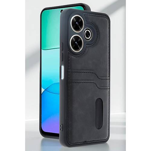 Redmi 13 4G K�l�f Sara Kartvizitli Deri K�l�f - Siyah