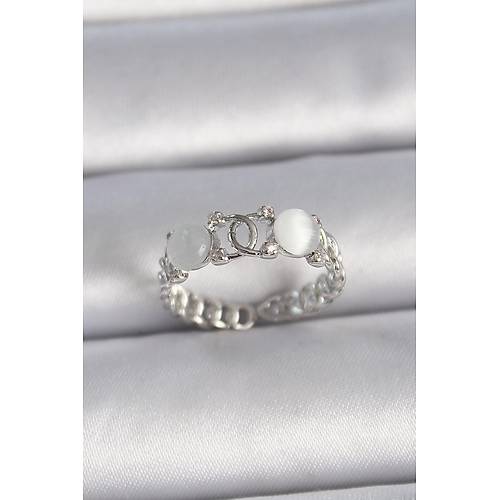 Pirin� G�m�� Renk Ayarlanabilir Zirkon Ta�l� Beyaz Mineli Birle�ik Halka Model Kad�n Y�z�k