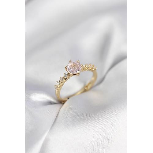 Gold Renk Pembe Tek Ta� Model Zirkon Ta�l� Kad�n Y�z�k