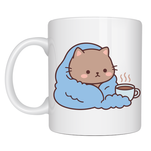 Battaniyeye Sar�lm�� Sevimli Kedi Tasar�ml� Porselen Kupa MODEL 189 � Kahve Temal� Tatl� Kedi Kahve Kupas� � Kedi Severlere Hediye Kupa