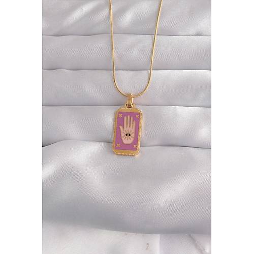 316L �elik Gold Renk Mor Mineli El Fig�r Tarot Kolye