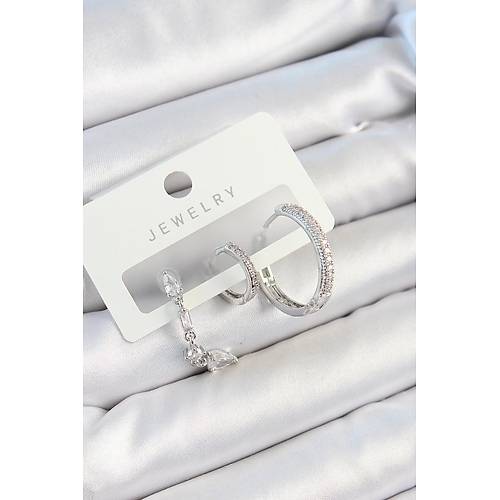 Pirin� Zirkon Ta�l� Sallant�l� Model G�m�� Renk 3'l� �ift Kad�n K�pe Set