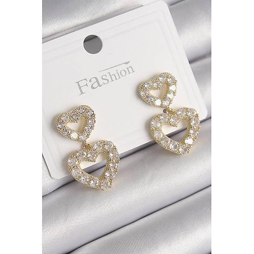 Pirin� Gold Renk Zirkon Ta�l� Sallant� Kalp Model Kad�n K�pe