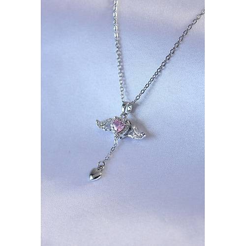 316L �elik G�m�� Renk Kanatl� Kalp Fig�r Zirkon Ta� Detay Kad�n Kolye