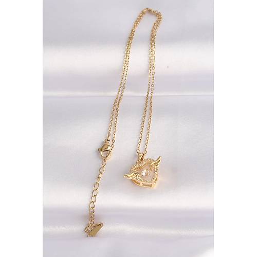 316L �elik Zincir Alt�n Renk Zirkon Ta�l� Kanatl� Kalp Kolye