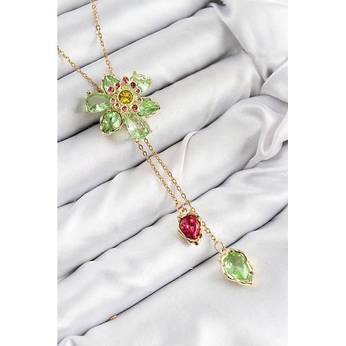 VIP Pirin� Zirkon Ta�l� �i�ek Model Gold Renk Asans�rl� Kad�n Kolye