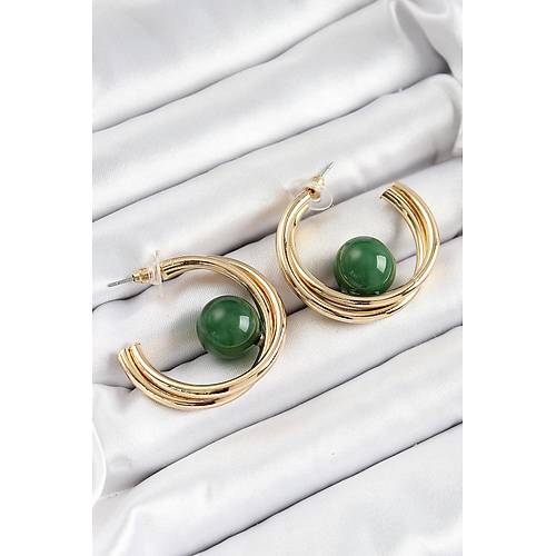 Pirin� Gold Renk Halka Model Ye�il Boncuk Detay Kad�n K�pe