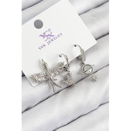 Pirin� Zirkon Ta�l� 3'l� Ku� Model G�m�� Renk Kad�n K�pe