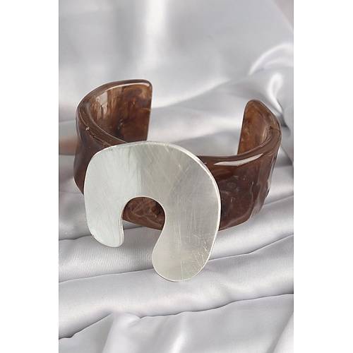 Kahverengi Mermer Desen Akrilik Plastik G�m�� Plaka Model Vintage Kad�n Bilezik