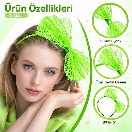 80�ler 90�lar Neon Ye�il Dantel Ta� Fiyonklu