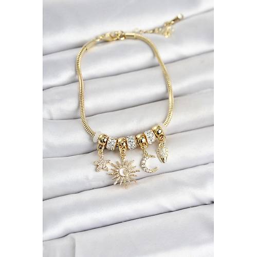 Pirin� Gold Renk G�nd�z ve Gece Temal� Charml� Kad�n Bileklik