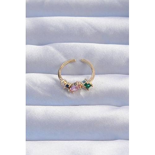Pirin� Gold Renk Renkli Zirkon Ta�l� Ayarlanabilir Y�z�k
