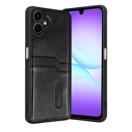 Galaxy A07 4G Sara Kartvizitli Deri K�l�f - Siyah