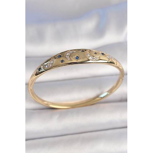 Pirin� Gold Renk Zirkon Ta�l� Hilal ��leme Mavi Ta�l� Y�ld�z Detay Kad�n Kelep�e
