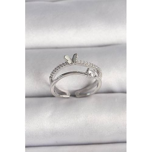 Pirin� G�m�� Renk Zirkon Ta�l� Kelebek Fig�rl� Ayarlanabilir Y�z�k