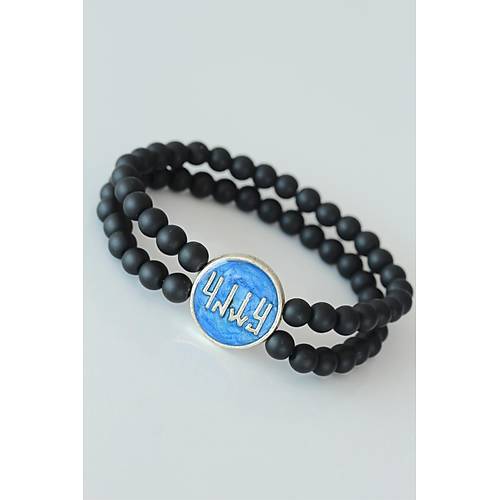 Vav Fig�rl� Lacivert Metal Aksesuarl� �ift S�ra Oniks Do�al Ta� Erkek Bileklik