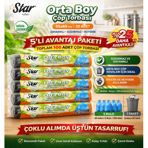 Star Plus Orta Boy ��p Torbas� 20'li 5 Paket 55x60 cm Dayan�kl� S�zd�rmaz Orta Boy ��p Po�eti