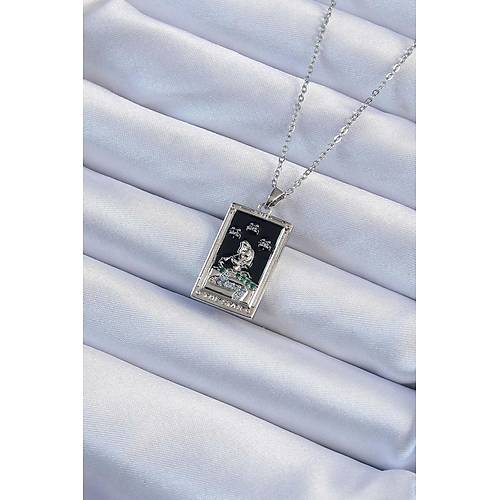 316L �elik Zincir G�m�� Renk Zirkon Ta�l� Siyah Mineli K�z Fig�rl� Tarot Kolye