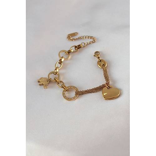 316L �elik Gold Renk 2'li Zincir Model Zirkon Ta� Detay Kad�n Bileklik