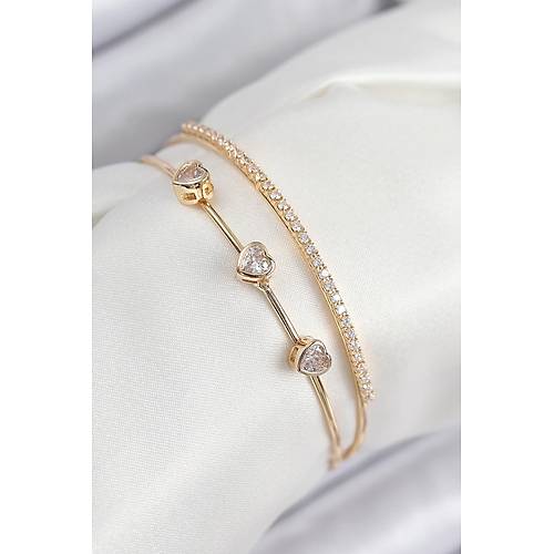 Pirin� Zirkon Ta�l� Kalp Model Gold Renk Kad�n Bileklik