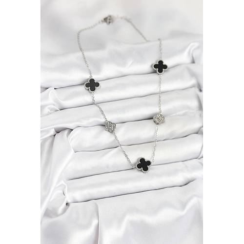 316L �elik Zincir G�m�� Renk Siyah ve Zirkon Ta�l� Yonca Kad�n Kolye