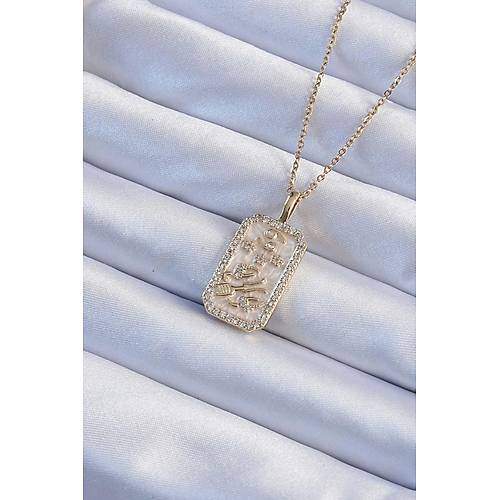 316L �elik Zincir Alt�n Renk Zirkon Ta�l� �er�eveli Tarot Kolye