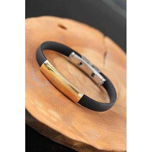 Gold Renk Metal Tasar�m Siyah Renk Silikon Erkek Bileklik