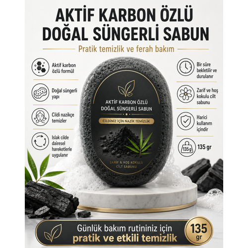 Aktif Karbon �zl� Do�al S�ngerli Sabun 135 gr El Y�z ve V�cut Temizli�i ��in