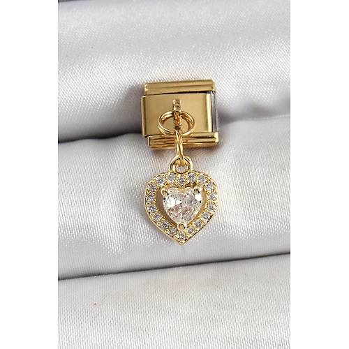 316L �elik Sallant�l� Zirkon Ta�l� Kalp Model Gold Renk Nomination Charm