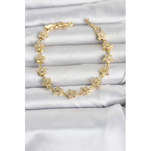 Pirin� Gold Renk Zirkon Ta�l� S�ral� Y�ld�z Model Kad�n Bileklik