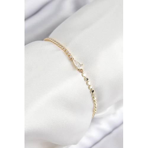 Pirin� Zirkon Ta�l� Damla Model Ezme Zincir Gold Renk Kad�n Bileklik