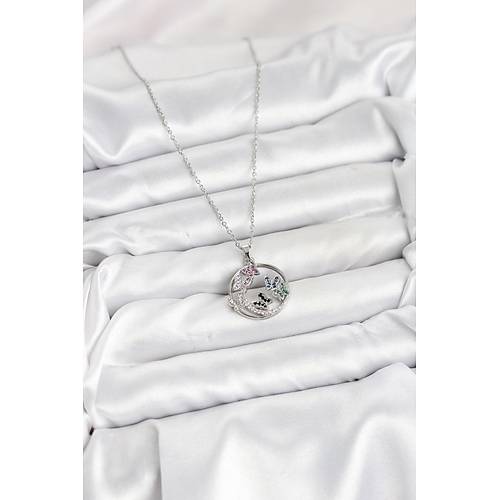 316L �elik Zincir G�m�� Renk Zirkon Ta�l� Kelebekli Kad�n Kolye