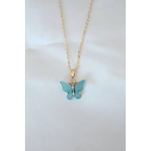 Gold Kaplama Turkuaz Renk Sedefli Kelebek Kolye