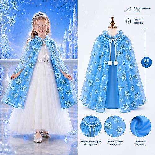 Kar Tanesi Desenli Mavi Elsa Pelerini - Astarl� Frozen Pelerini 85 cm