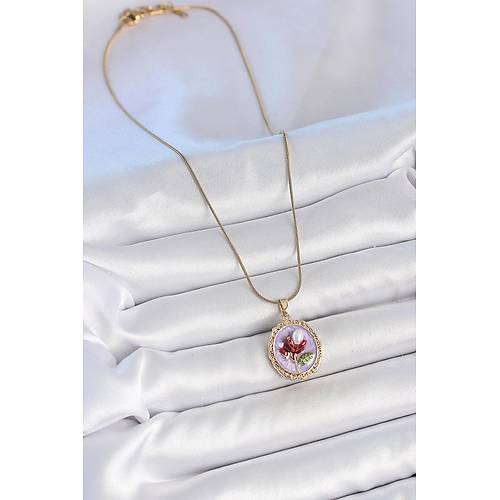 316L �elik Gold Renk Zincir Mor Mineli �ncili �i�ek ��lemeli Portre Model Kad�n Kolye