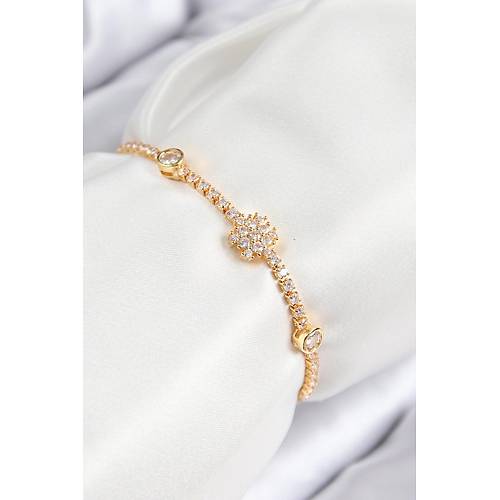 Pirin� Zirkon Ta�l� Kar Tanesi Model Gold Renk Asans�rl� Kad�n Bileklik