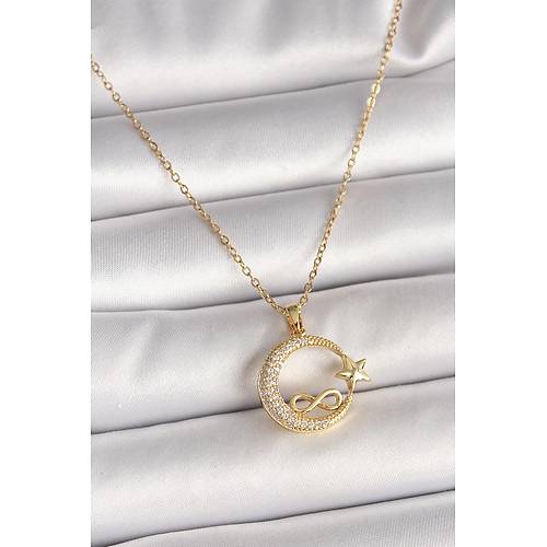 316L �elik Gold Renk Zincir Zirkon Ta�l� Ay Y�ld�z Model Sonsuzluk Detay Kad�n Kolye