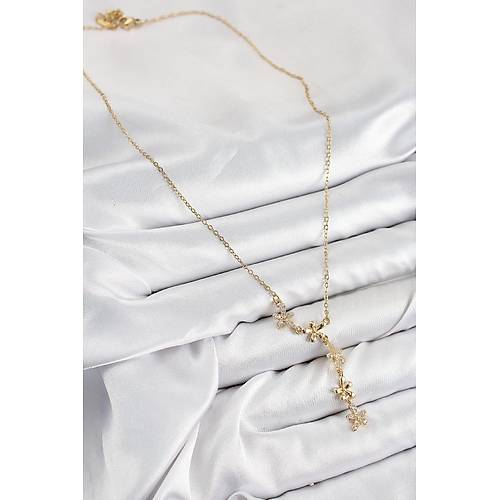 316L �elik Zirkon Ta�l� �i�ek Model Gold Renk Kad�n Kolye
