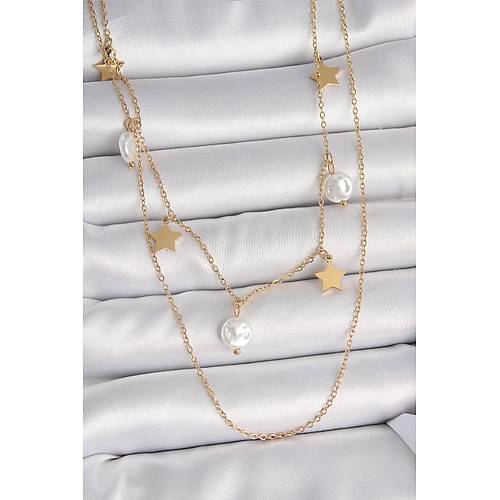 316L �elik Gold Renk 2'Li Zincir Sallant� Y�ld�z �nci Model Kad�n Kolye