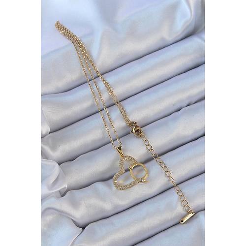 316L �elik Zincir Alt�n Renk Zirkon Ta�l� Y�z�kl� Kalp Kolye