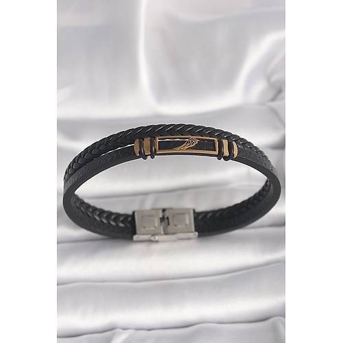 316L �elik Gold Renk Kanat Aksesuarl� Siyah Burgu Model Deri Kordon Erkek Bileklik