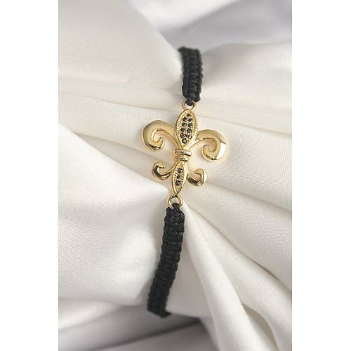 Pirin� Gold Renk Zirkon Ta� ��lemeli Zambak Fig�r Asans�rl� Makrome Model Kad�n Bileklik