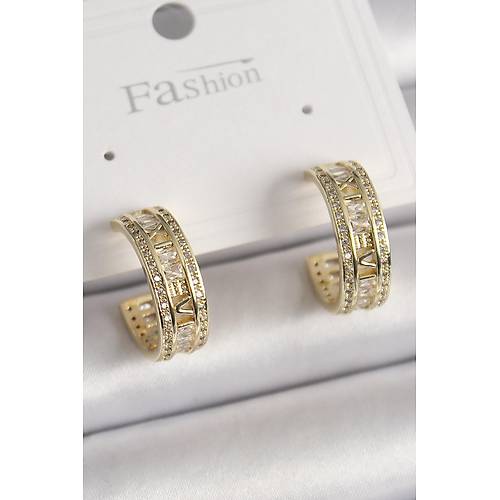 Pirin� Gold Renk Zirkon Ta�l� ��leme Detay Halka Model Kad�n K�pe