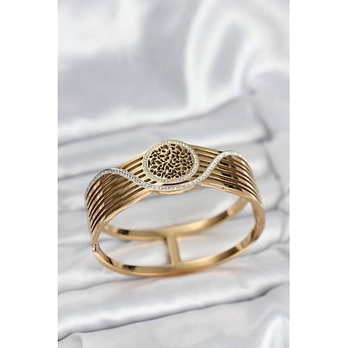 316L �elik Gold Renk Ya�am A�ac� Modelli Kad�n Kelep�e Bileklik